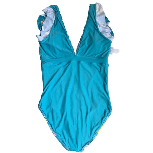 ModCloth The Kelsie Ruffle Blue Floral Plunge Neck One Piece Swimsuit Sz L - Picture 14 of 16